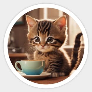 Cute Stripey Kitten With a Cup of Coffee Sticker